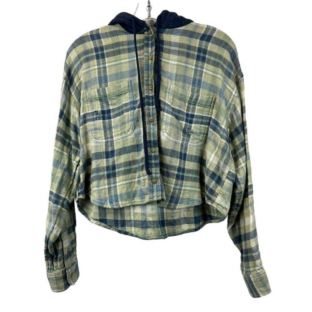 American Eagle Womens Button Down Cropped Hoodie Plaid Distressed M Pockets